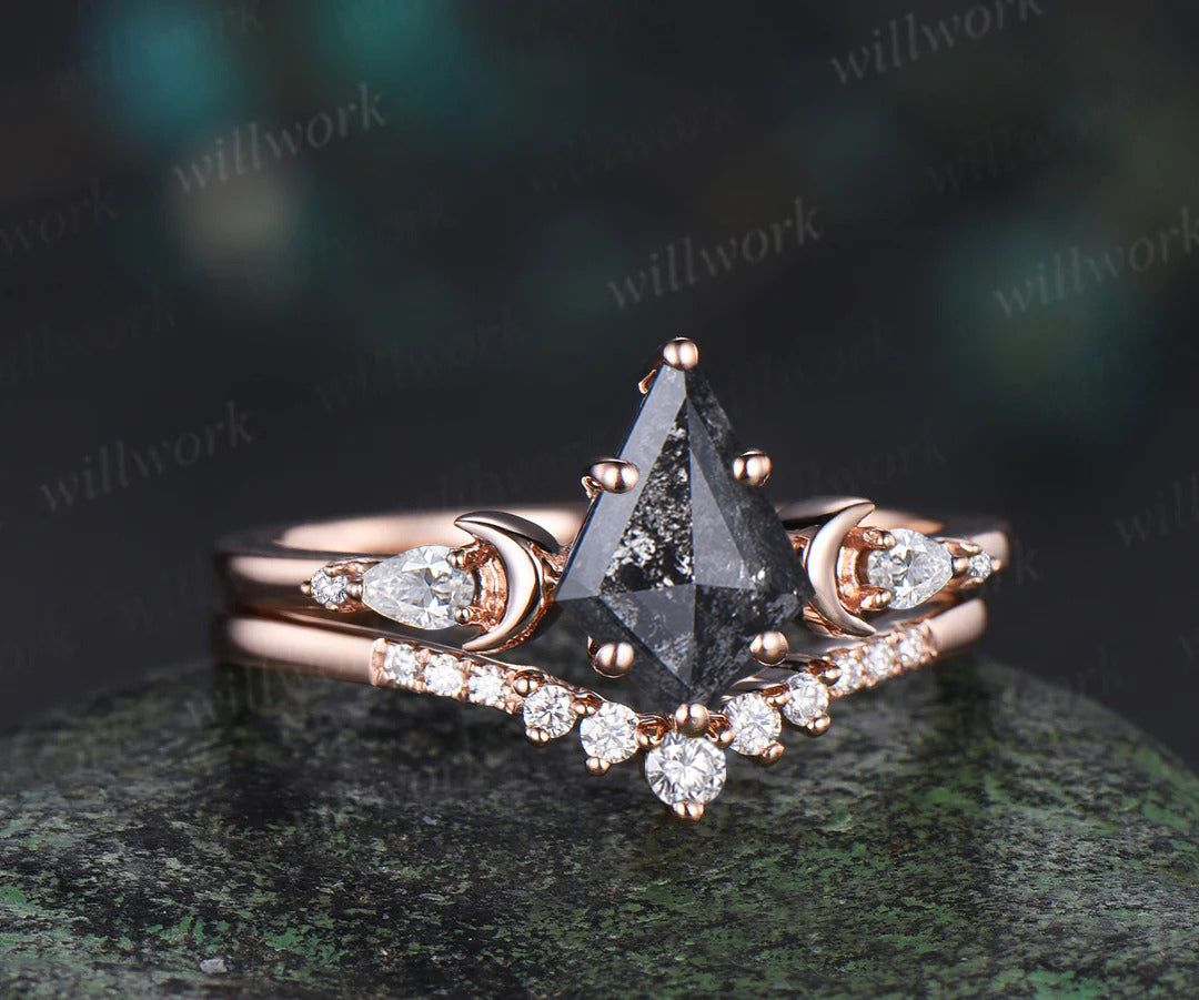 Unique kite cut salt and pepper diamond engagement ring set women 6 prong diamond accented moon bridal ring set