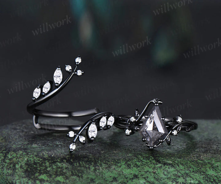 Kite Natural Salt & Pepper Diamond Ring Set Unique Leaf Vine Moissanite Accent Ring Enhancer Band Black Gold Bridal Set