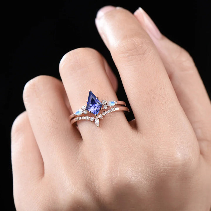 Vintage Kite Tanzanite Engagement Ring Set Art Deco Marquise Cut Moonstone Accent Ring Moissanite Wedding Band Bridal Set