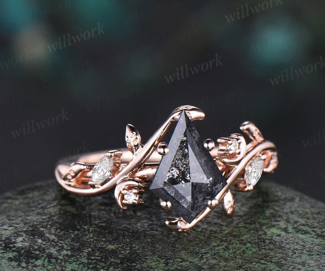 Kite cut salt and pepper diamond ring moon leaf nature inspired engagement ring diamond moissanite accented wedding ring women