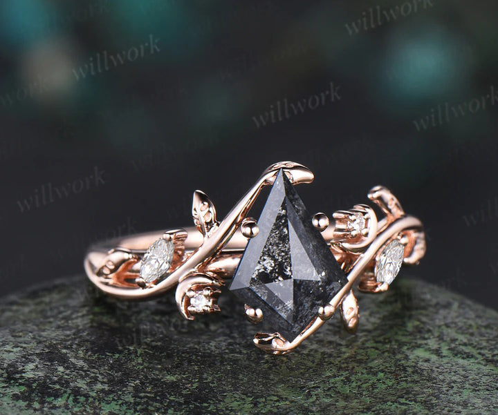 Kite cut salt and pepper diamond ring moon leaf nature inspired engagement ring diamond moissanite accented wedding ring women