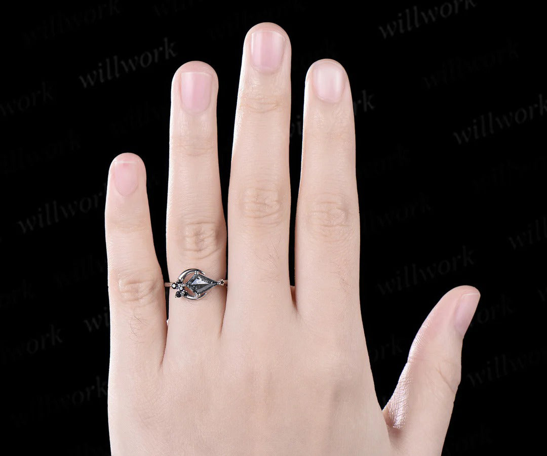 Moon kite cut salt and pepper diamond engagement ring East To West black diamond wedding anniversary ring gift
