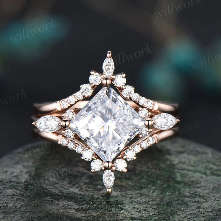 Princess cut lab-grown diamond engagement ring set 14k rose gold unique engagement ring marquise cut diamon-accented ring set fine jewelry women