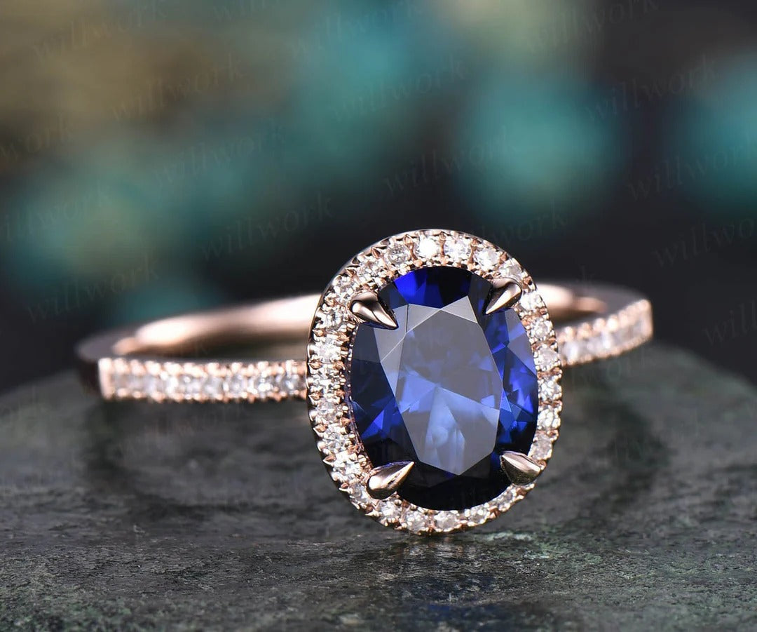 Oval 7x9mm sapphire ring set vintage sapphire engagement ring set diamond natural sapphire ring set white gold September birthstone ring