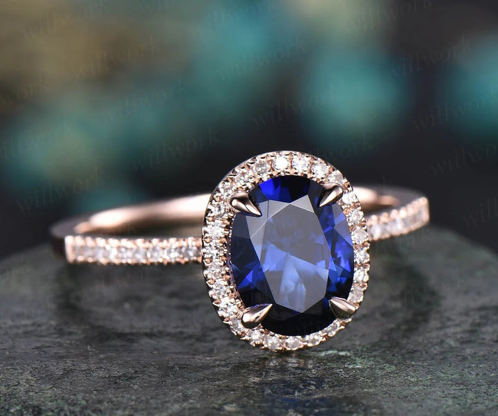 Oval 7x9mm sapphire ring set vintage sapphire engagement ring set diamond natural sapphire ring set white gold September birthstone ring