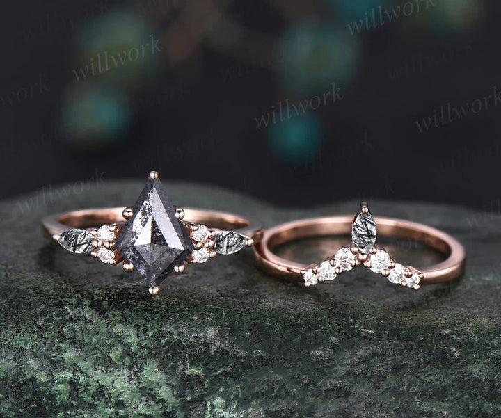 Kite cut salt and pepper diamond engagement ring set black rutilated quartz moissanite ring unique bridal set