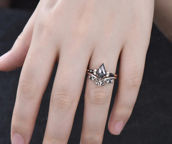 Kite Cut Salt and Pepper Diamond Engagement Ring Set Vintage Celtic Knot Black Spinel Band Unique Bridal Set