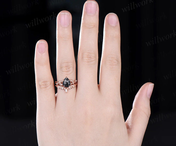 Nature Inspired Pear Salt and Pepper Diamond Engagement Ring Twised Twig Leaf Unique Diamond Bridal Wedding Ring Set Women Gift