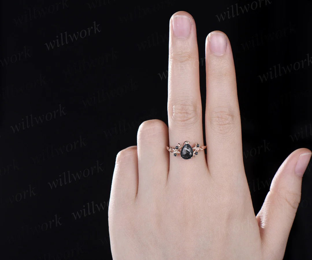 Pear salt and pepper diamond engagement ring vintage five stone black diamond accented ring twig leaf unique promise ring women