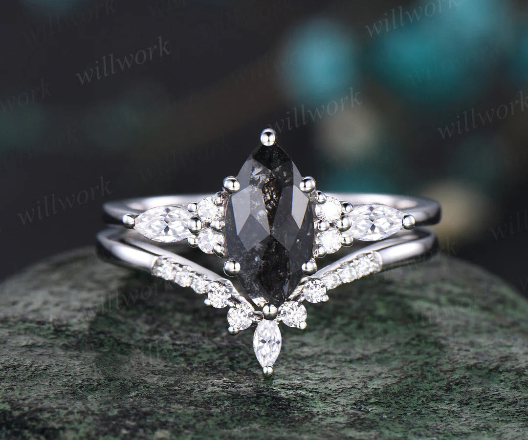 Unique marquise cut salt and pepper diamond engagement ring set seven stone moissanite accent promise ring bridal set