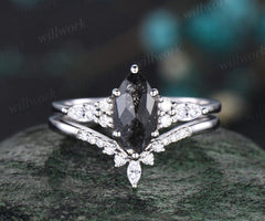 Unique marquise cut salt and pepper diamond engagement ring set seven stone moissanite accent promise ring bridal set