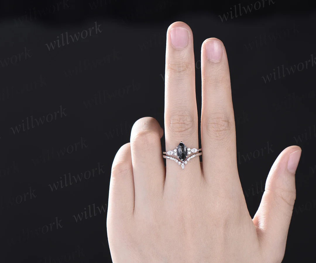 Unique marquise cut salt and pepper diamond engagement ring set seven stone moissanite accent promise ring bridal set