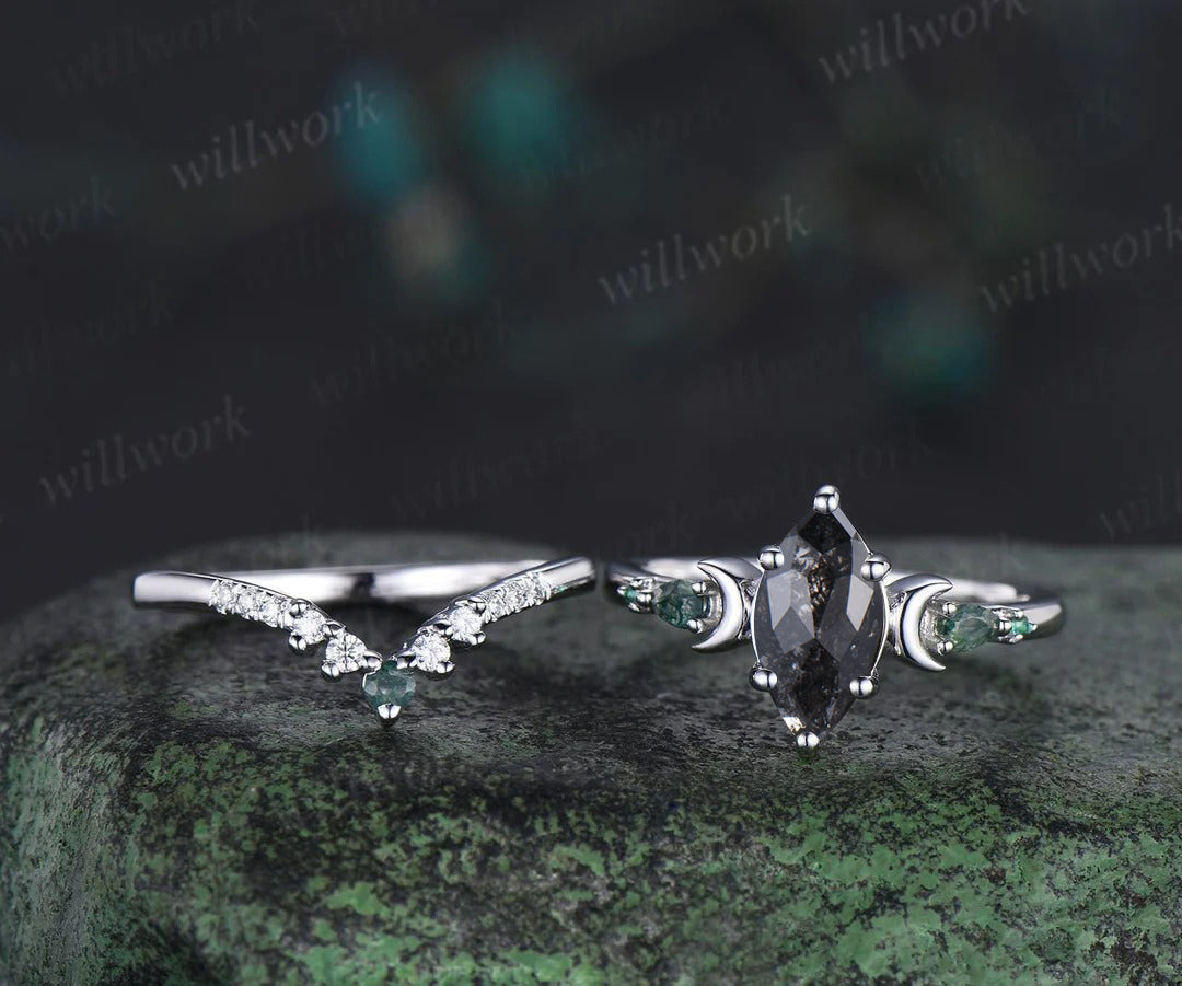 Unique Marquise Salt & Pepper Diamond Ring Set Moon Deco Moss Agate Emerald Accent Promise Ring Curved Band Bridal Set