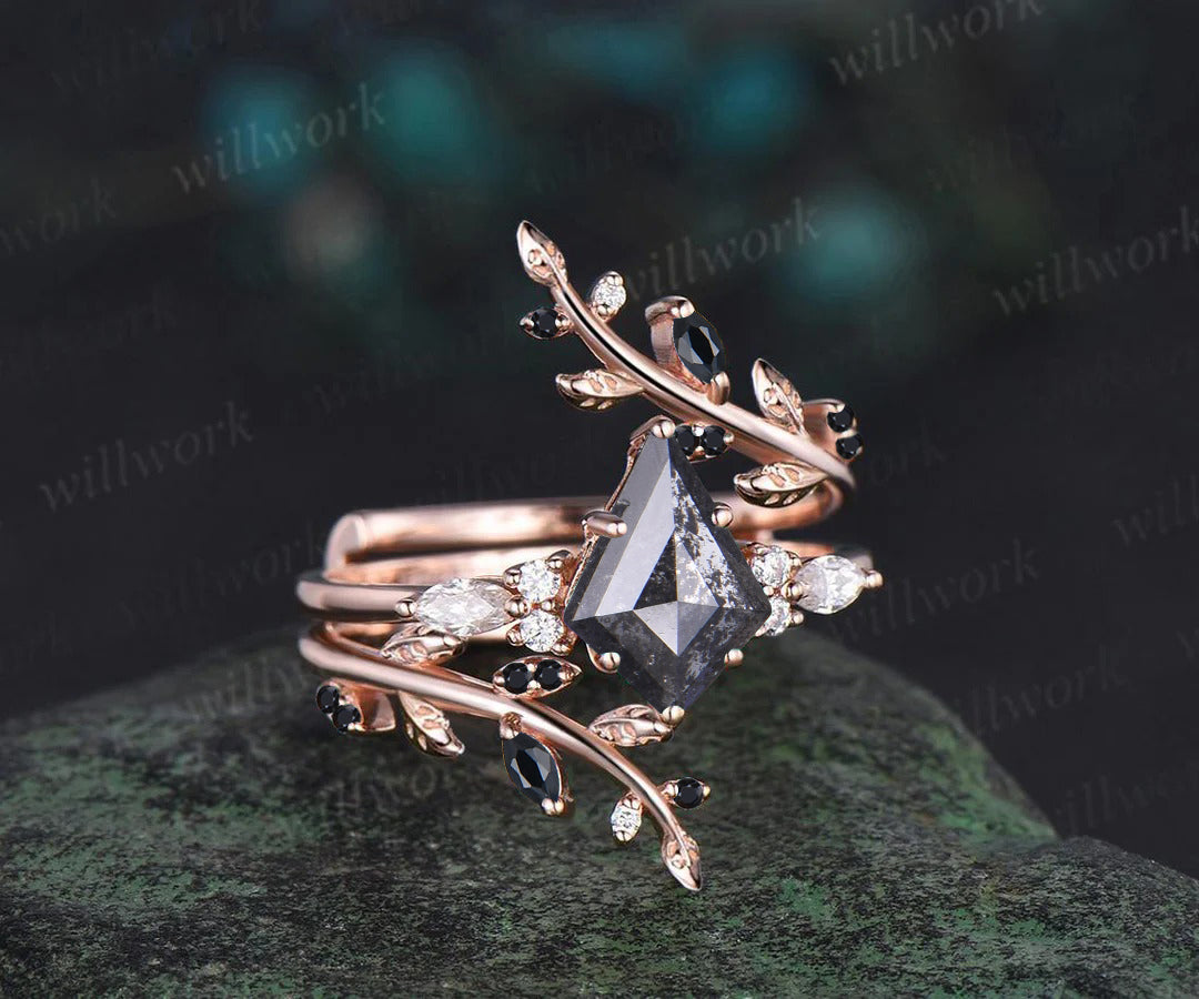 Kite Cut Salt & Pepper Diamond Engagement Ring Leaf Vine Moissanite Accent Ring Black Spinel Twig Enhancer Band Nature Inspired Bridal Set
