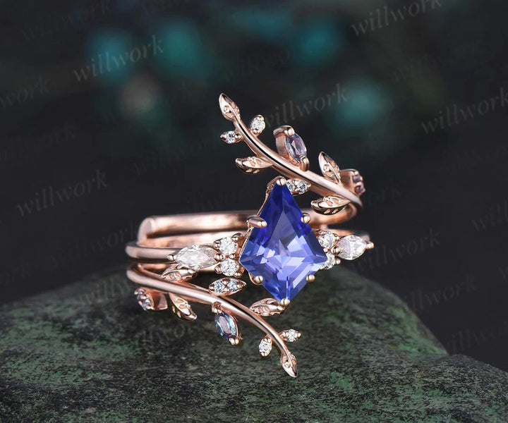 Kite Cut Tanzanite Engagement Ring Set Leaf Vine Alexandrite Diamond Wedding Band Enhancer Unique Wedding Bridal Set