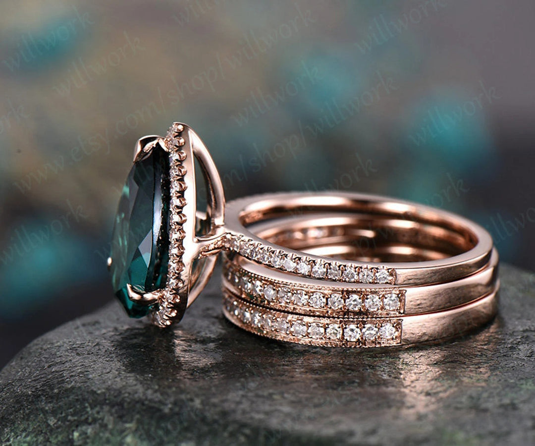 8x12mm pear emerald engagement ring set vintage 14k rose gold ring set diamond halo ring unique bridal ring set wedding promise ring set