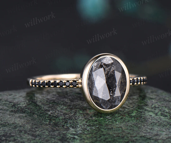 Oval Cut Bezel Natural Salt and Pepper Diamond Engagement Ring Unique Black Diamond Spinel Half Eternity Promise Ring