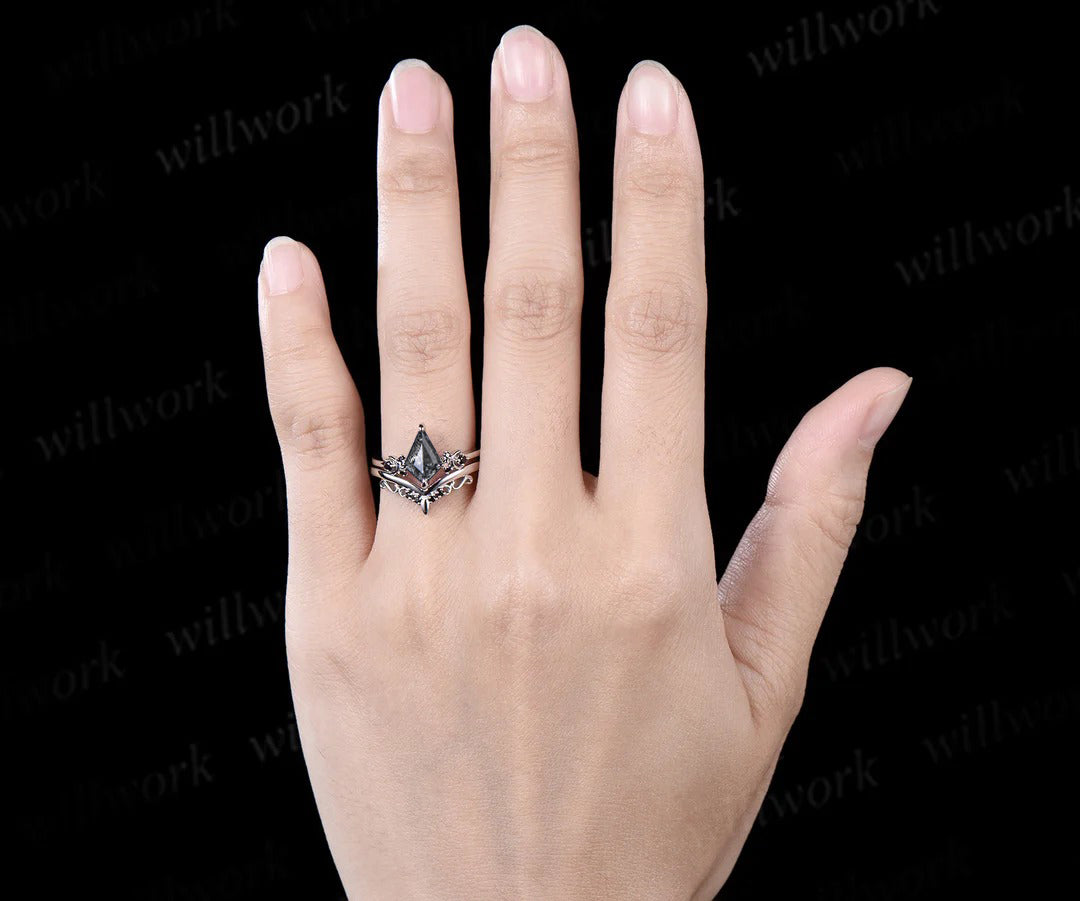 Kite cut salt and pepper diamond engagement ring Moon black diamond ring women unique anniversary gift