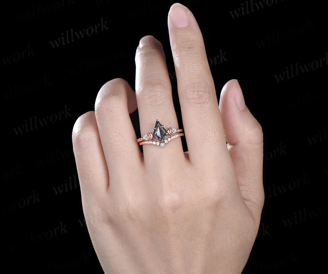 Unique kite cut salt and pepper diamond engagement ring set women 6 prong diamond accented moon bridal ring set