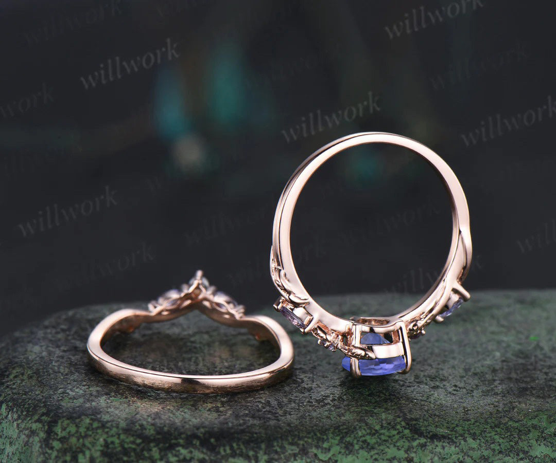 Pear tanzanite engagement ring set leaf pearl 14k rose gold wedding ring set jewelry