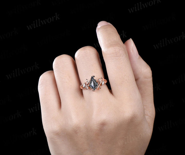 Kite cut salt and pepper diamond ring moon leaf nature inspired engagement ring diamond moissanite accented wedding ring women