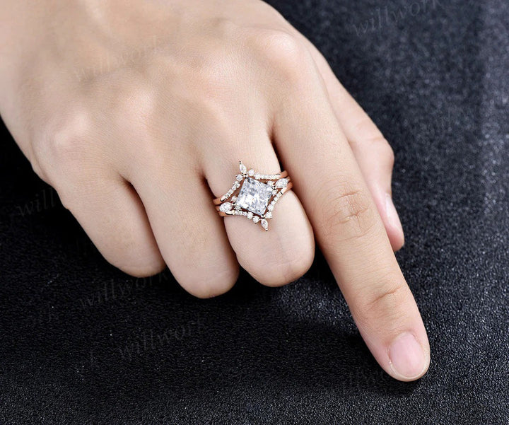 Princess cut lab-grown diamond engagement ring set 14k rose gold unique engagement ring marquise cut diamon-accented ring set fine jewelry women