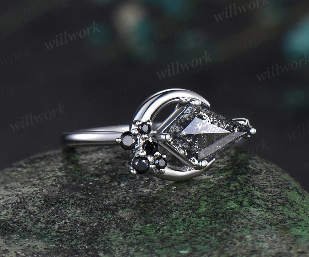 Moon kite cut salt and pepper diamond engagement ring East To West black diamond wedding anniversary ring gift