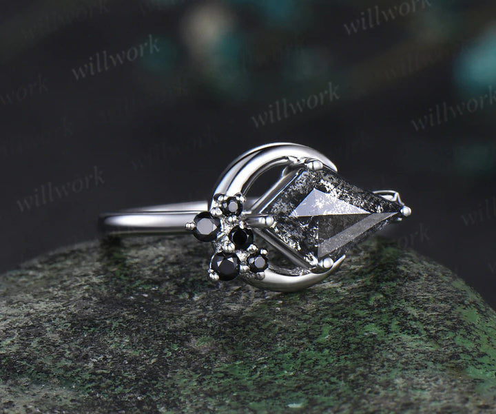 Moon kite cut salt and pepper diamond engagement ring East To West black diamond wedding anniversary ring gift