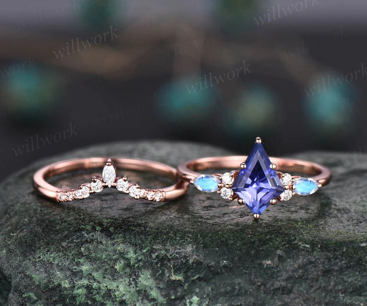 Vintage Kite Tanzanite Engagement Ring Set Art Deco Marquise Cut Moonstone Accent Ring Moissanite Wedding Band Bridal Set