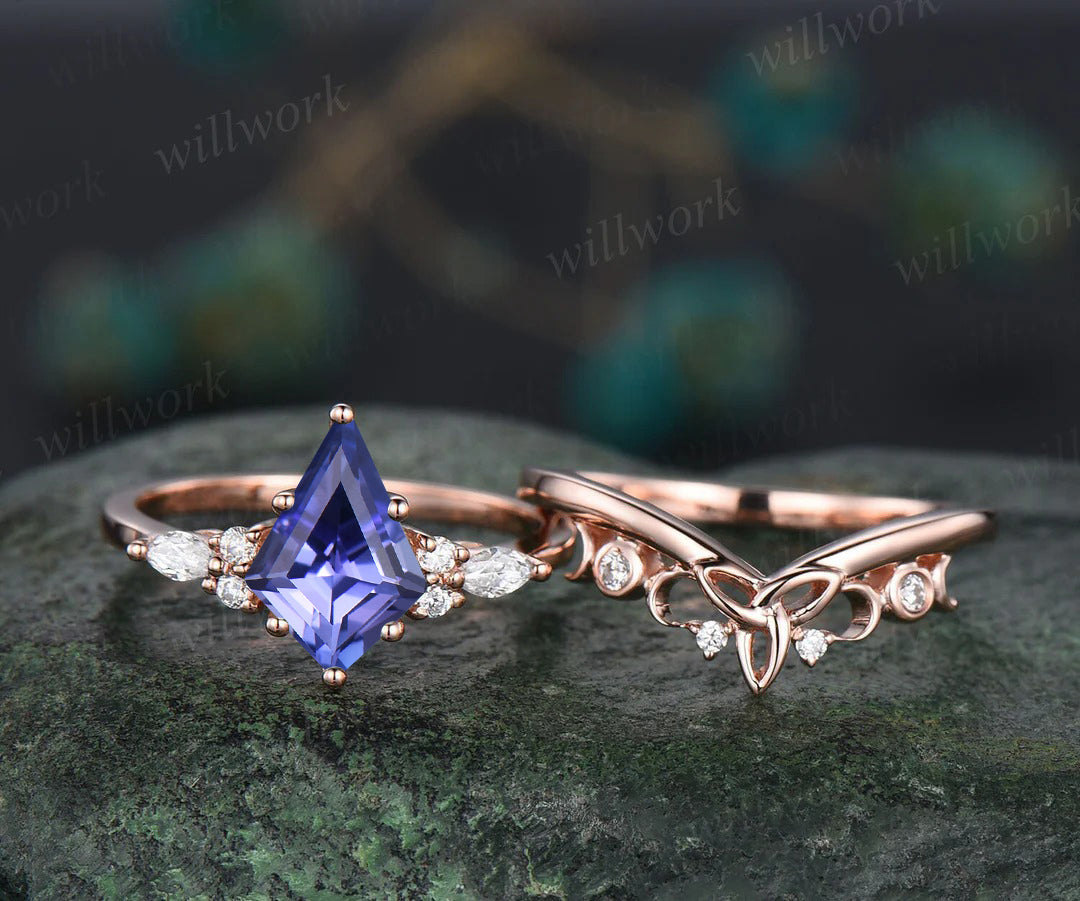 Kite Natural Tanzanite Engagement Ring Set Marquise Diamond Accent Seven Stone Ring Celtic Knot Wedding Band Vintage Bridal Set
