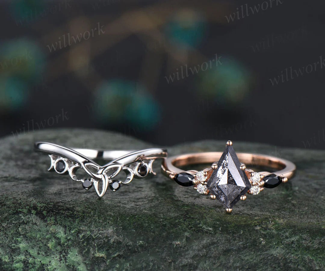 Kite Cut Salt and Pepper Diamond Engagement Ring Set Vintage Celtic Knot Black Spinel Band Unique Bridal Set