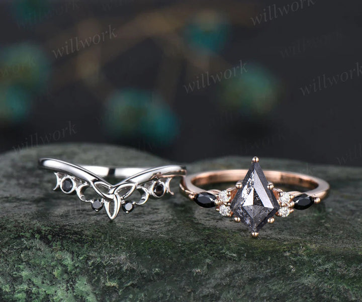 Kite Cut Salt and Pepper Diamond Engagement Ring Set Vintage Celtic Knot Black Spinel Band Unique Bridal Set