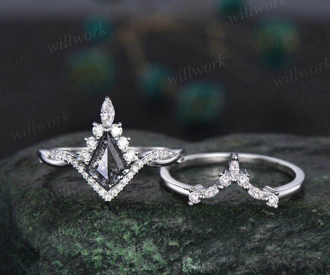 Vintage kite cut salt and pepper diamond engagement ring set twisted infinity diamond wedding bridal ring set women gifts
