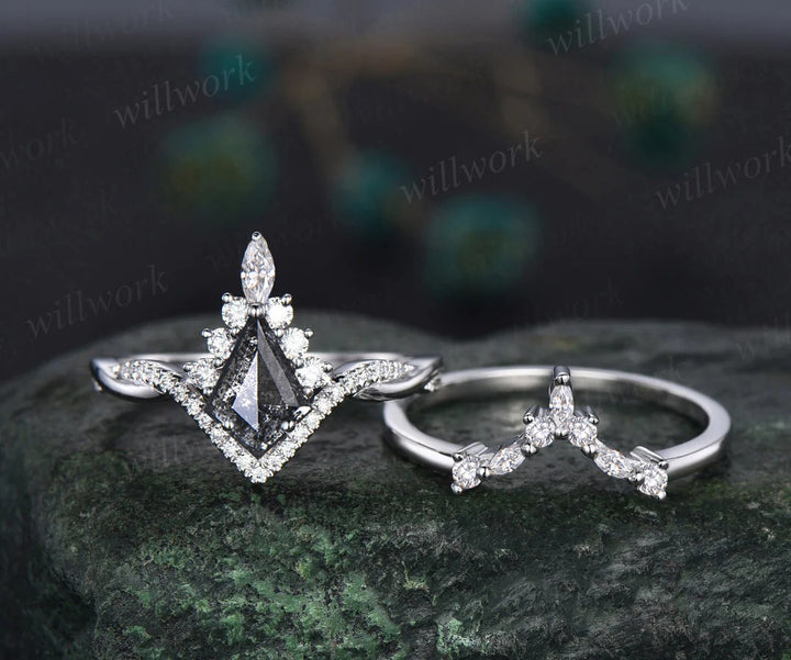 Vintage kite cut salt and pepper diamond engagement ring set twisted infinity diamond wedding bridal ring set women gifts