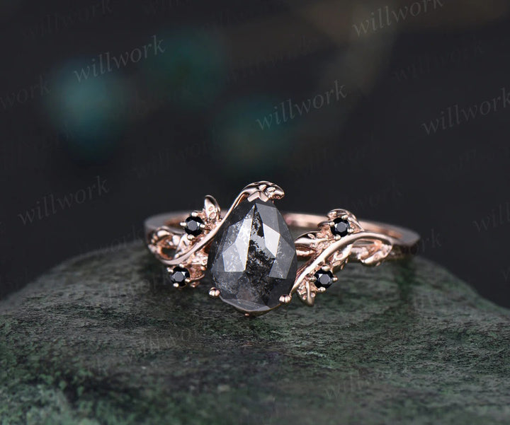 Pear salt and pepper diamond engagement ring vintage five stone black diamond accented ring twig leaf unique promise ring women