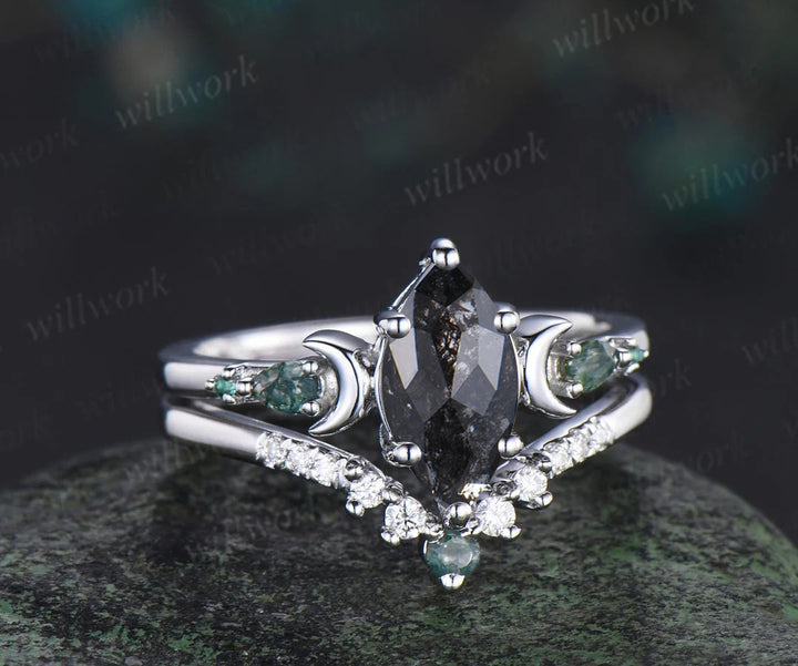 Unique Marquise Salt & Pepper Diamond Ring Set Moon Deco Moss Agate Emerald Accent Promise Ring Curved Band Bridal Set