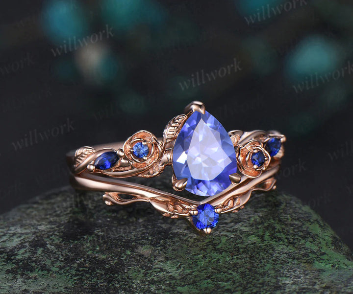 Pear natural Tanzanite engagement ring set rose gold sapphire leaf floral flower bridal ring set women