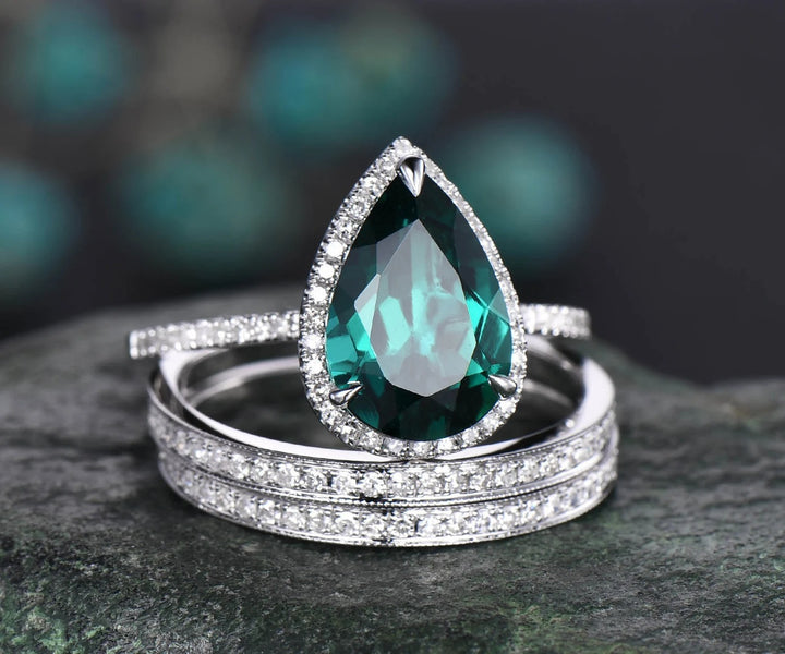 8x12mm pear emerald engagement ring set vintage 14k rose gold ring set diamond halo ring unique bridal ring set wedding promise ring set