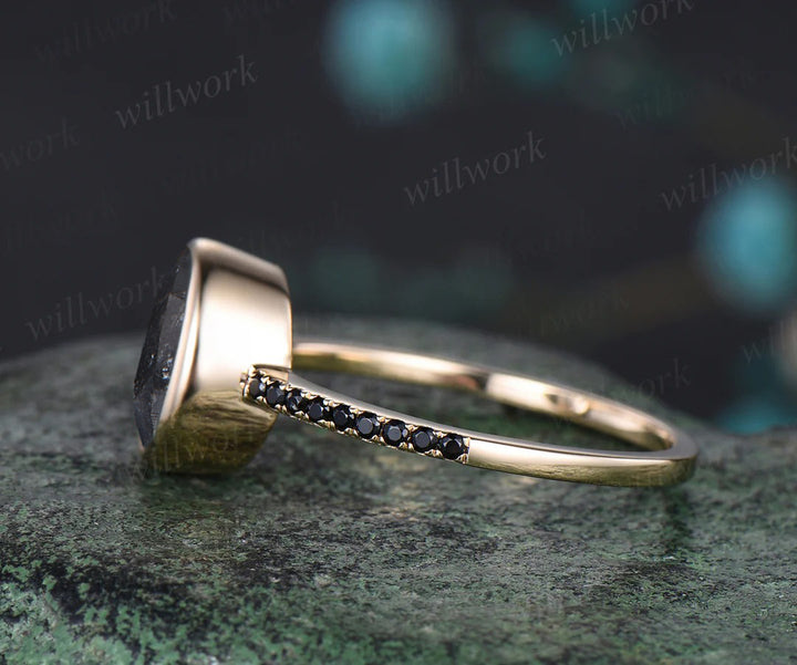 Oval Cut Bezel Natural Salt and Pepper Diamond Engagement Ring Unique Black Diamond Spinel Half Eternity Promise Ring