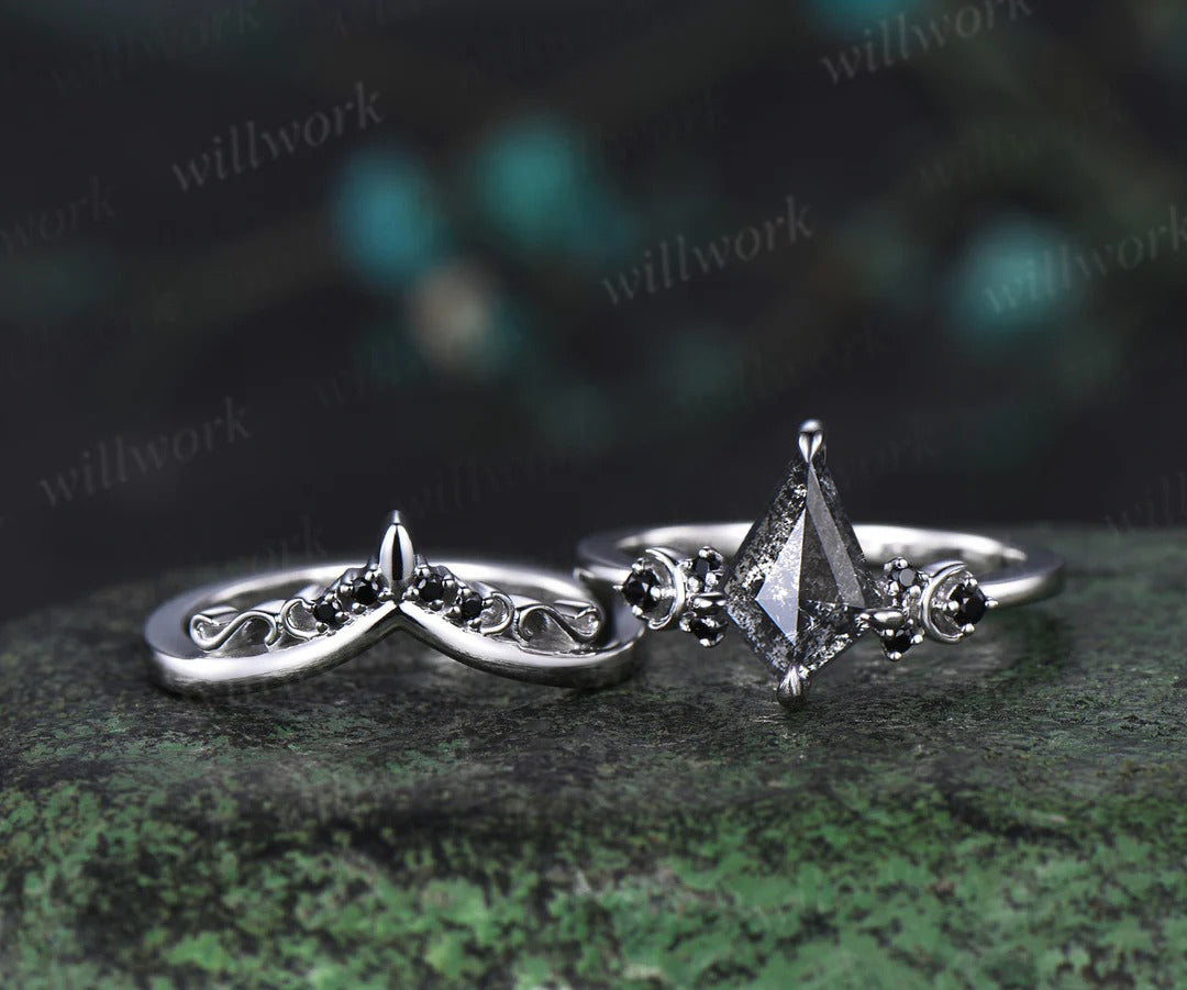 Kite cut salt and pepper diamond engagement ring Moon black diamond ring women unique anniversary gift
