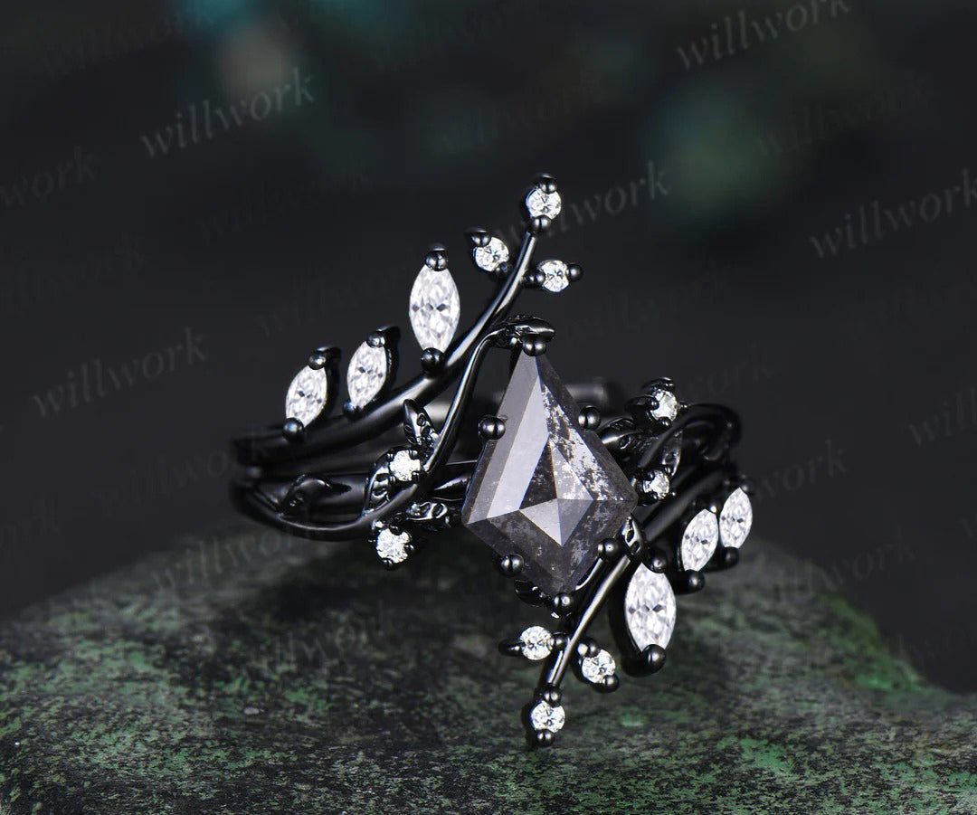 Kite Natural Salt & Pepper Diamond Ring Set Unique Leaf Vine Moissanite Accent Ring Enhancer Band Black Gold Bridal Set