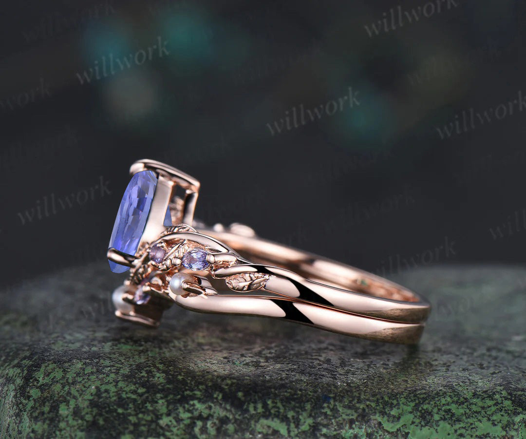 Pear tanzanite engagement ring set leaf pearl 14k rose gold wedding ring set jewelry