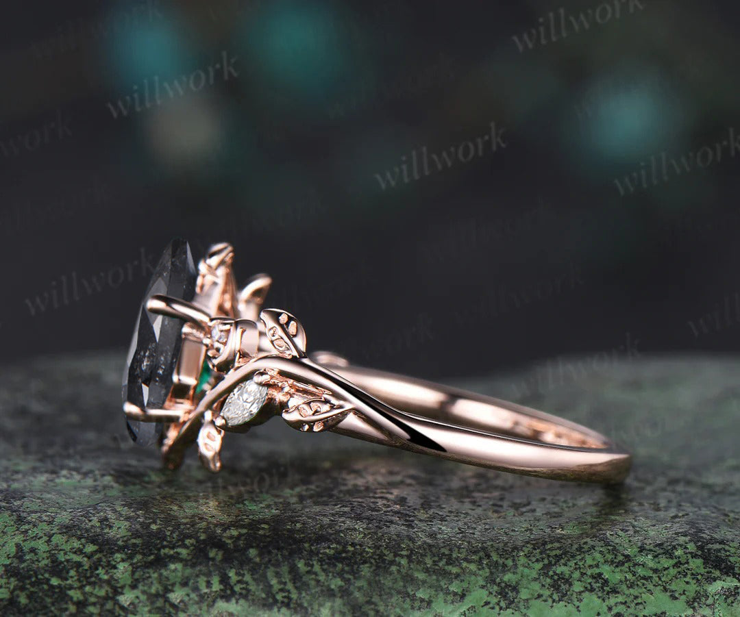 Kite cut salt and pepper diamond ring moon leaf nature inspired engagement ring diamond moissanite accented wedding ring women