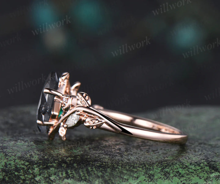 Kite cut salt and pepper diamond ring moon leaf nature inspired engagement ring diamond moissanite accented wedding ring women