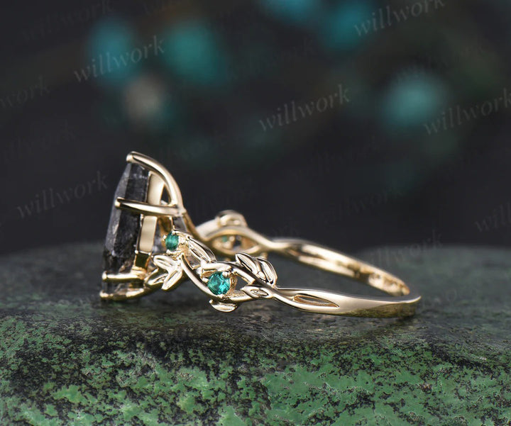 7x10mm Kite Cut Salt and Pepper Diamond Engagement Ring Emerald Leaf Twig Promise Ring Gifts for Her