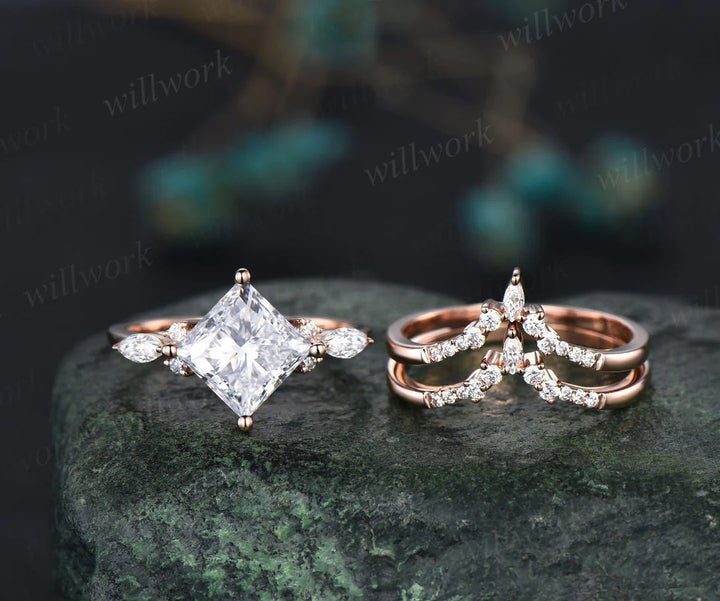 Princess cut lab-grown diamond engagement ring set 14k rose gold unique engagement ring marquise cut diamon-accented ring set fine jewelry women