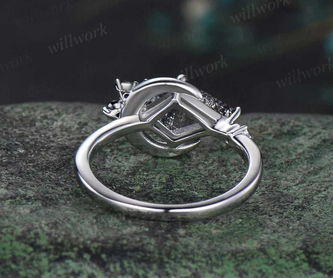 Moon kite cut salt and pepper diamond engagement ring East To West black diamond wedding anniversary ring gift