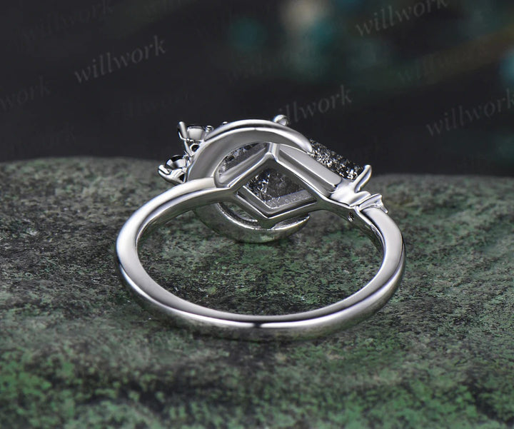 Moon kite cut salt and pepper diamond engagement ring East To West black diamond wedding anniversary ring gift