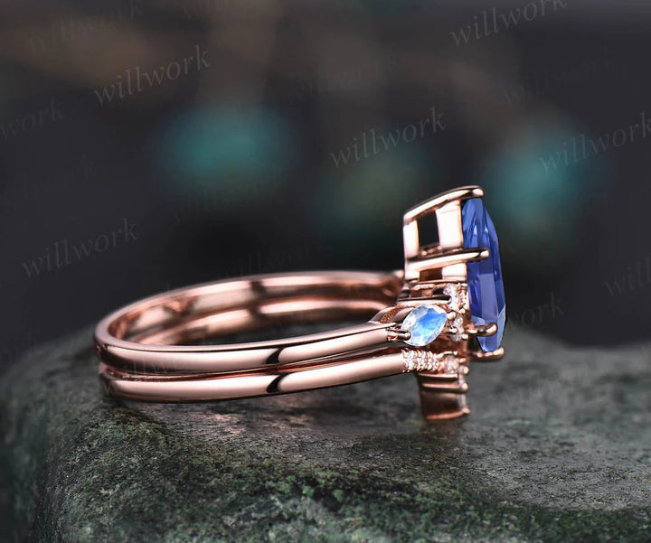 Vintage Kite Tanzanite Engagement Ring Set Art Deco Marquise Cut Moonstone Accent Ring Moissanite Wedding Band Bridal Set