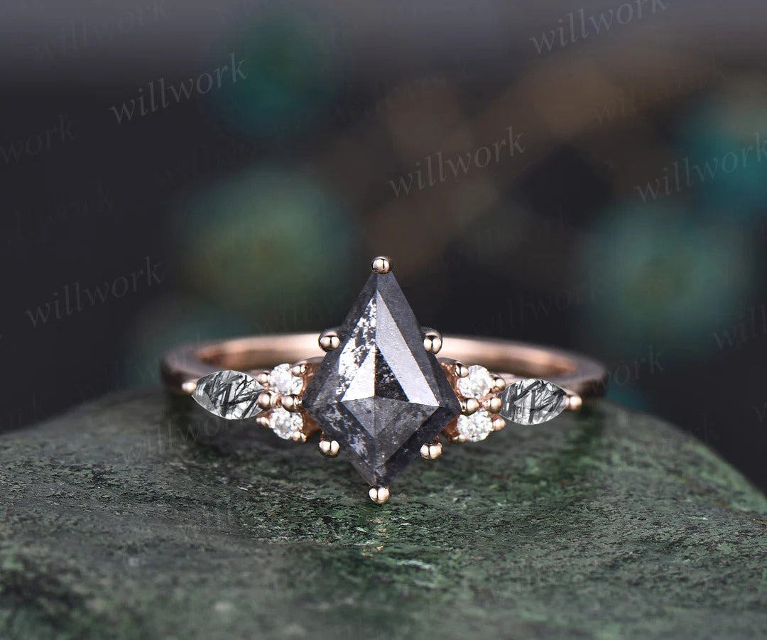 Kite cut salt and pepper diamond engagement ring set black rutilated quartz moissanite ring unique bridal set